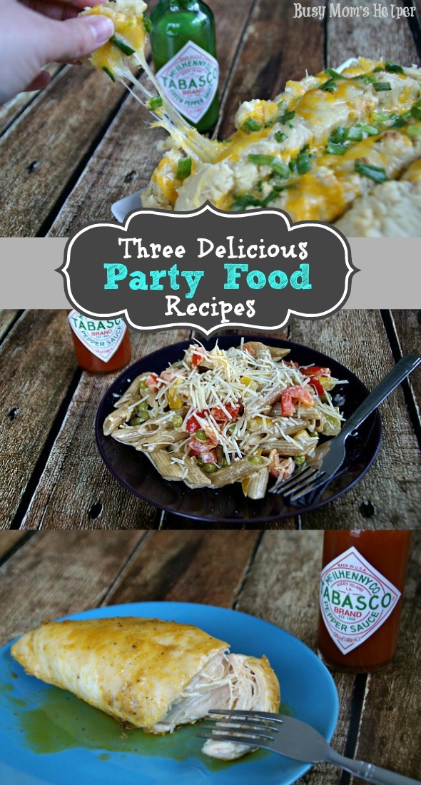 Three Delicious Party Food Recipes / by Busy Mom's Helper #cheesybread #pasta #chicken #SeasonedGreetings #ad