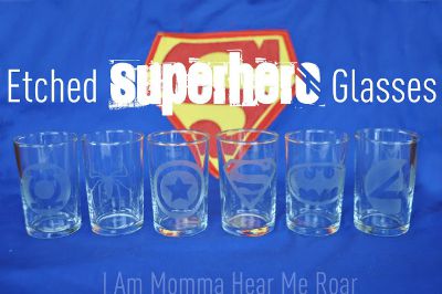 Etched superhero glasses / by I Am Momma Hear Me Roar / Round up by Busy Mom's Helper
