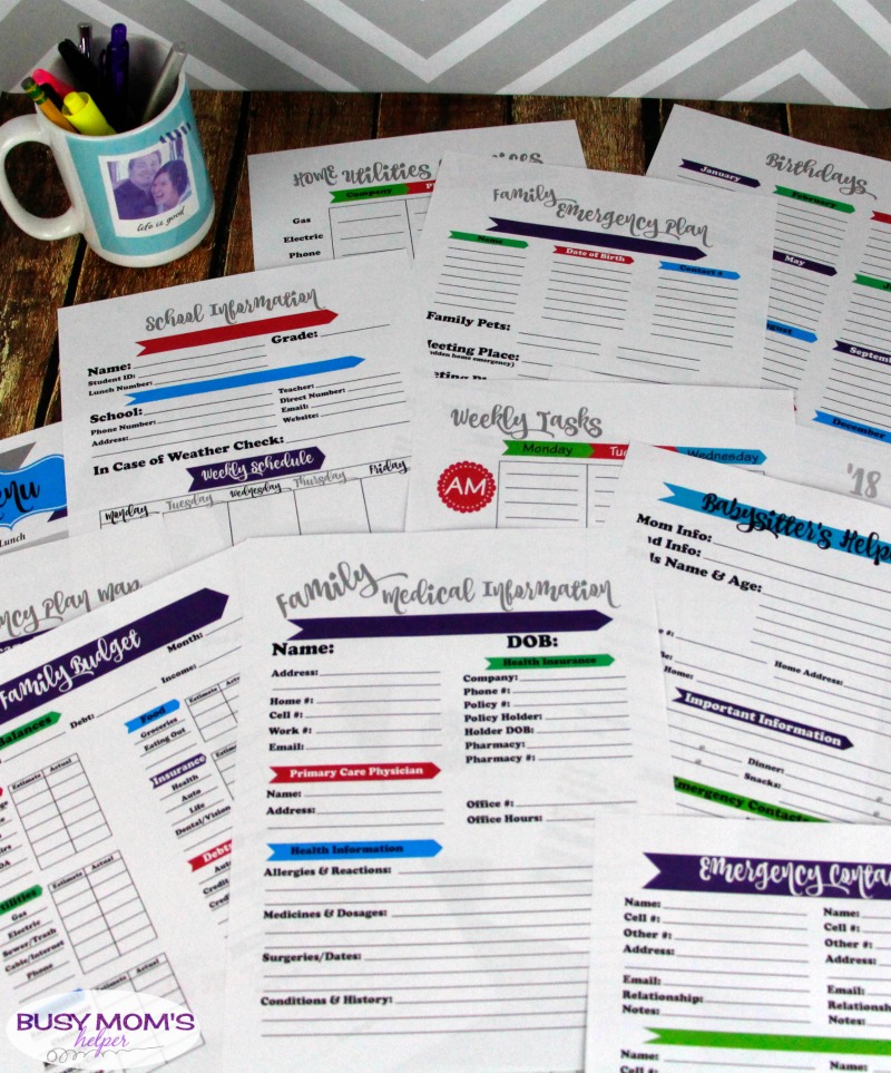Family Home Binder Printables - keep all your family's important information in one, simple place with this helpful printable pack perfect for busy moms! There's pages for emergency contacts & plans, birthdays, medical and school information, budgets, weekly tasks and to do lists, menu and shopping lists, babysitter sheet & more! #printable #homebinder #familybinder #busymoms #homemanagement