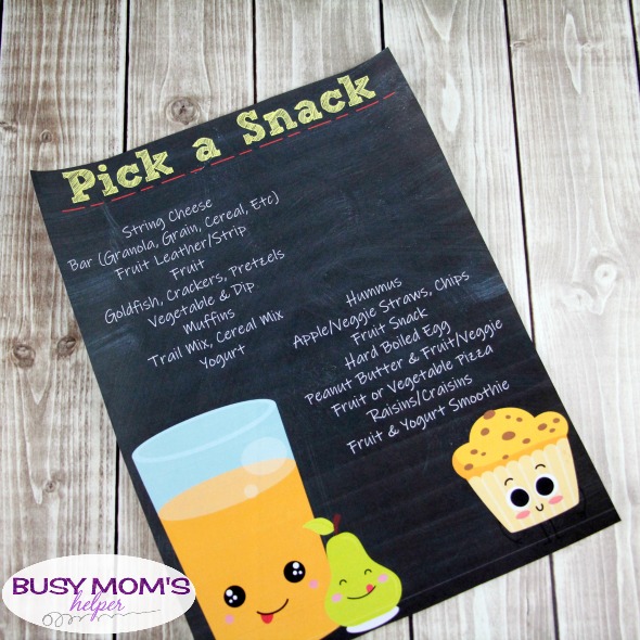 Printable Snack List - great for helping your kids pack their own snack or pick their own afterschool snack! #snack #printable #snackprintable #snacklist #kids #afterschool #schoolsnack