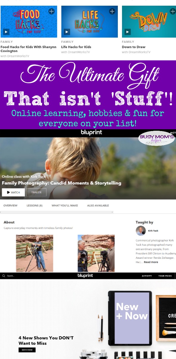 Ultimate Gift That Isn't 'Stuff' #AD Give the gift of learning, hobbies & fun with a huge variety of online courses! Everything from cooking & crafts, sewing & home decor, wood working & fitness, family & healthy eating - plus much more! Great gift idea for everyone on your list! @therealbluprint