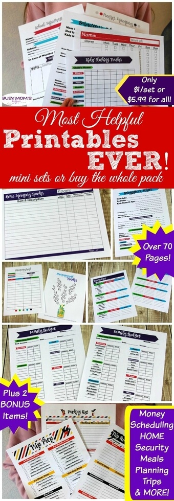 The Most Helpful Printables EVER for busy families! Nab just a mini set of your favorites, or get the whole pack! Practically every printable a busy family could use - over 70 pages PLUS two BONUS items! Help get organized with categories like: Money, Scheduling/Time Management, Kitchen/Meal Planning, Security & Home Management, as well as Trip Planning! #printables #busymom #busyparents #busyfamily #busyfamilies #printableset #parenting #moms #money #homemanagement #timemanagement